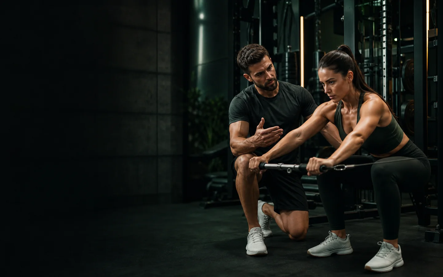 A personal trainer coaching a client through a controlled strength movement
